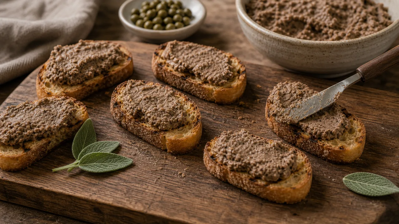 Кростини с печёночным паштетом | Фото подпункта 14 | Viva Cucina Кростини с печёночным паштетом: фото процесса приготовления — разложите кростини на тарелке и добавьте каперсы, шалфей или немного свежего перца