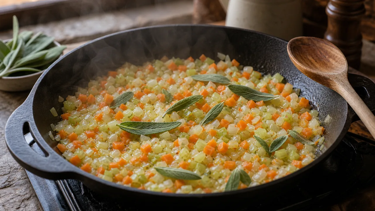 Кростини с печёночным паштетом | Фото подпункта 4 | Viva Cucina Кростини с печёночным паштетом: фото процесса приготовления — разогрейте оливковое масло со сливочным и мягко потомите лук, сельдерей, морковь и шалфей