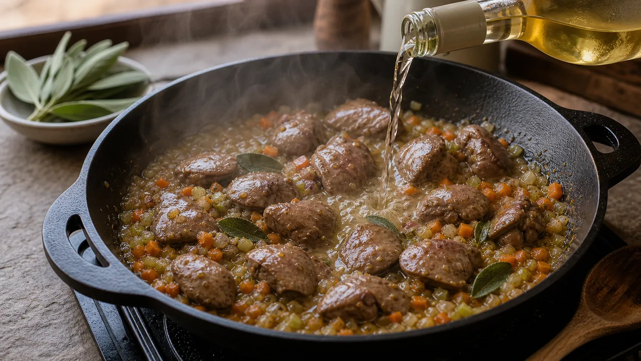 Кростини с печёночным паштетом | Фото подпункта 6 | Viva Cucina Кростини с печёночным паштетом: фото процесса приготовления — влейте сухое белое вино и соскребите со дна сковороды ароматные соки