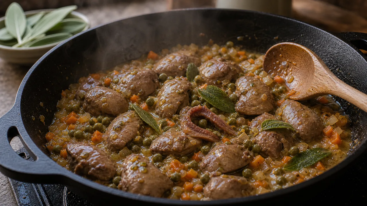Кростини с печёночным паштетом | Фото подпункта 7 | Viva Cucina Кростини с печёночным паштетом: фото процесса приготовления — добавьте каперсы и анчоус к печени, прогрейте, чтобы они разошлись в соусе