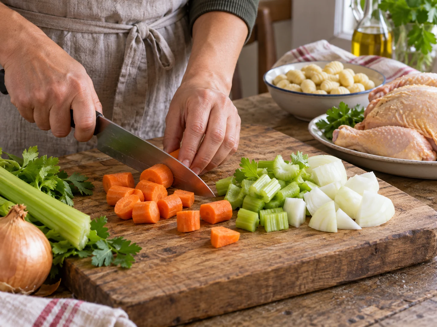 Куриный бульон по-итальянски с ньокки | Фото подпункта 2 | Viva Cucina Куриный бульон по-итальянски с ньокки: фото процесса приготовления — проверьте свежесть и состояние основных продуктов: уберите лишнюю влагу, грубые части и всё, что может испортить текстуру