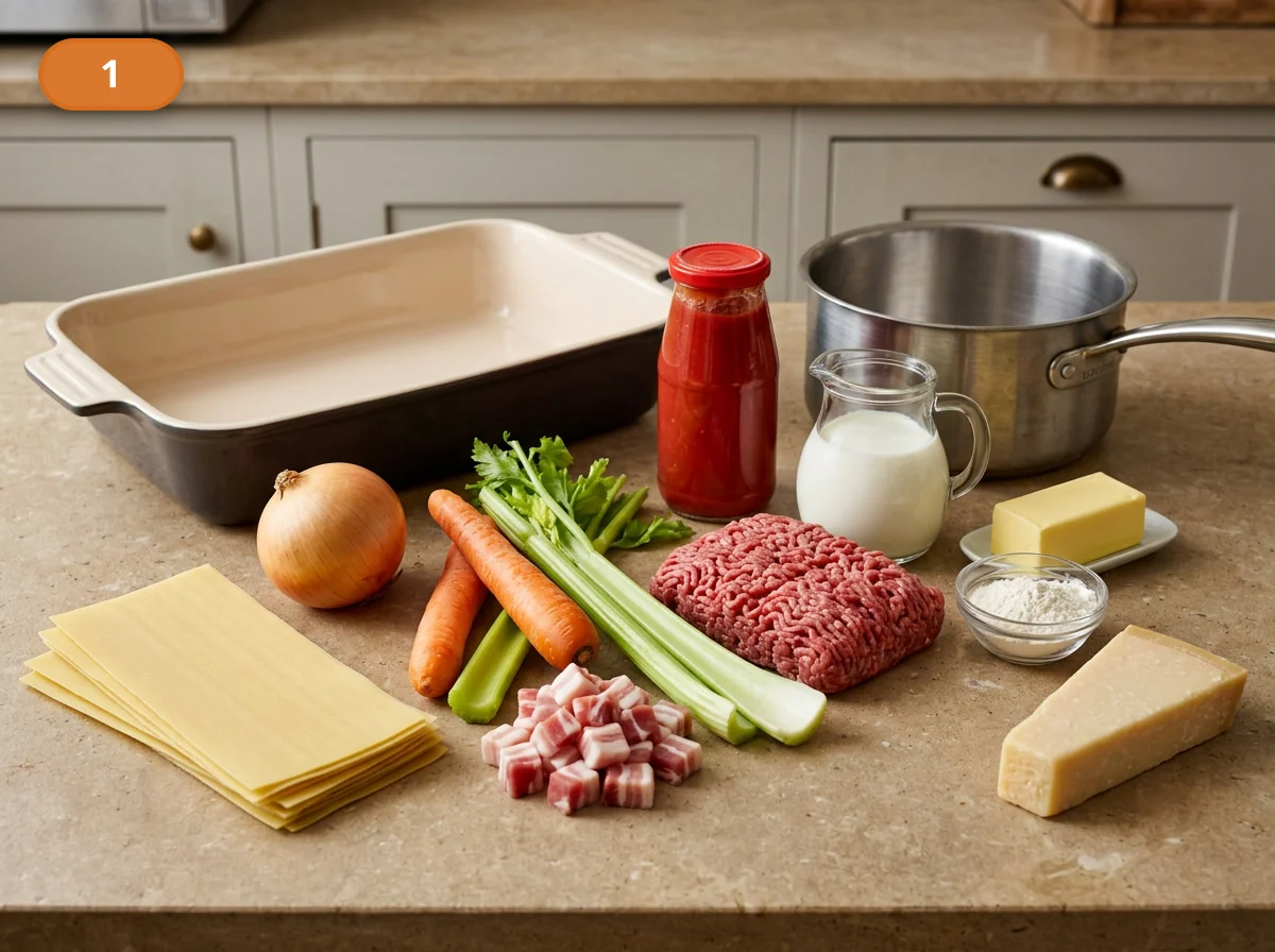 Лазанья болоньезе: фото процесса приготовления — разложите рядом листы лазаньи, овощи для soffritto, панчетту, фарш, пассату, молоко, масло, муку и пармезан, чтобы все компоненты были готовы к поэтапной работе