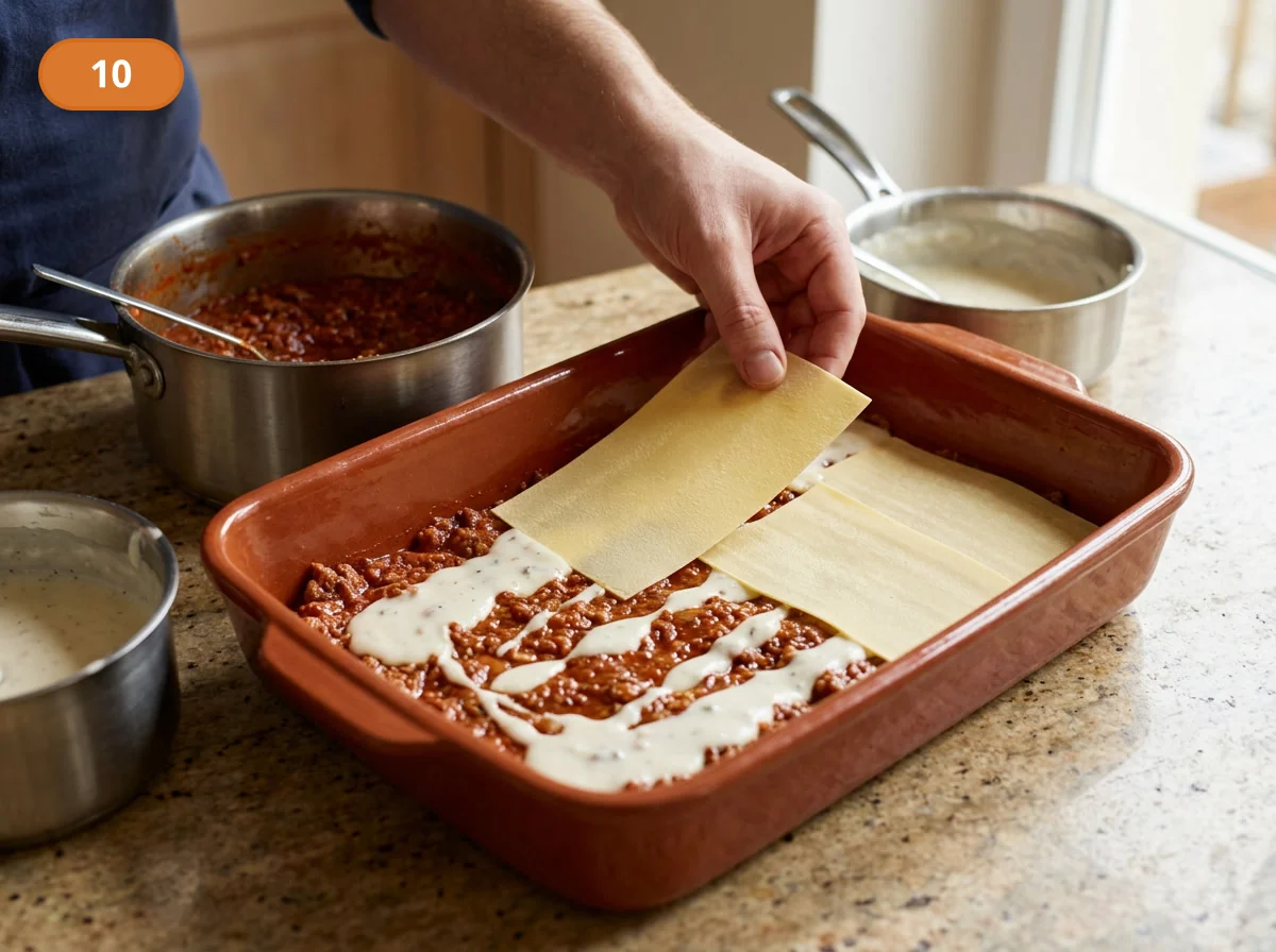 Лазанья болоньезе: фото процесса приготовления — смажьте дно прямоугольной формы небольшим количеством рагу и бешамеля, затем уложите первый слой листов лазаньи
