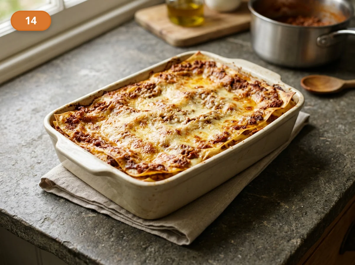 Лазанья болоньезе: фото процесса приготовления — достаньте лазанью и оставьте её на 10 минут в форме, чтобы слои собрались и стали устойчивее
