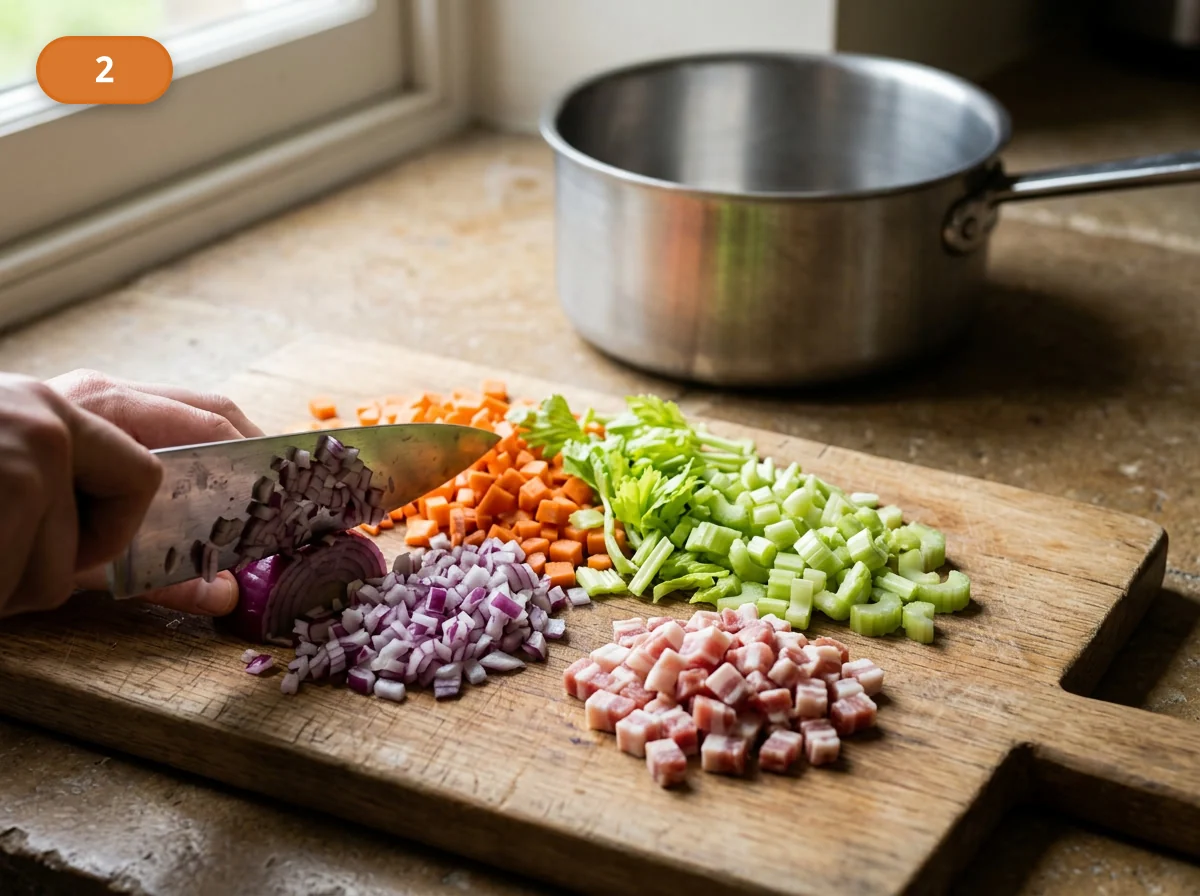 Лазанья болоньезе: фото процесса приготовления — очень мелко нарежьте лук, морковь и сельдерей, а панчетту измельчите почти в крошку для плотной ароматной базы рагу