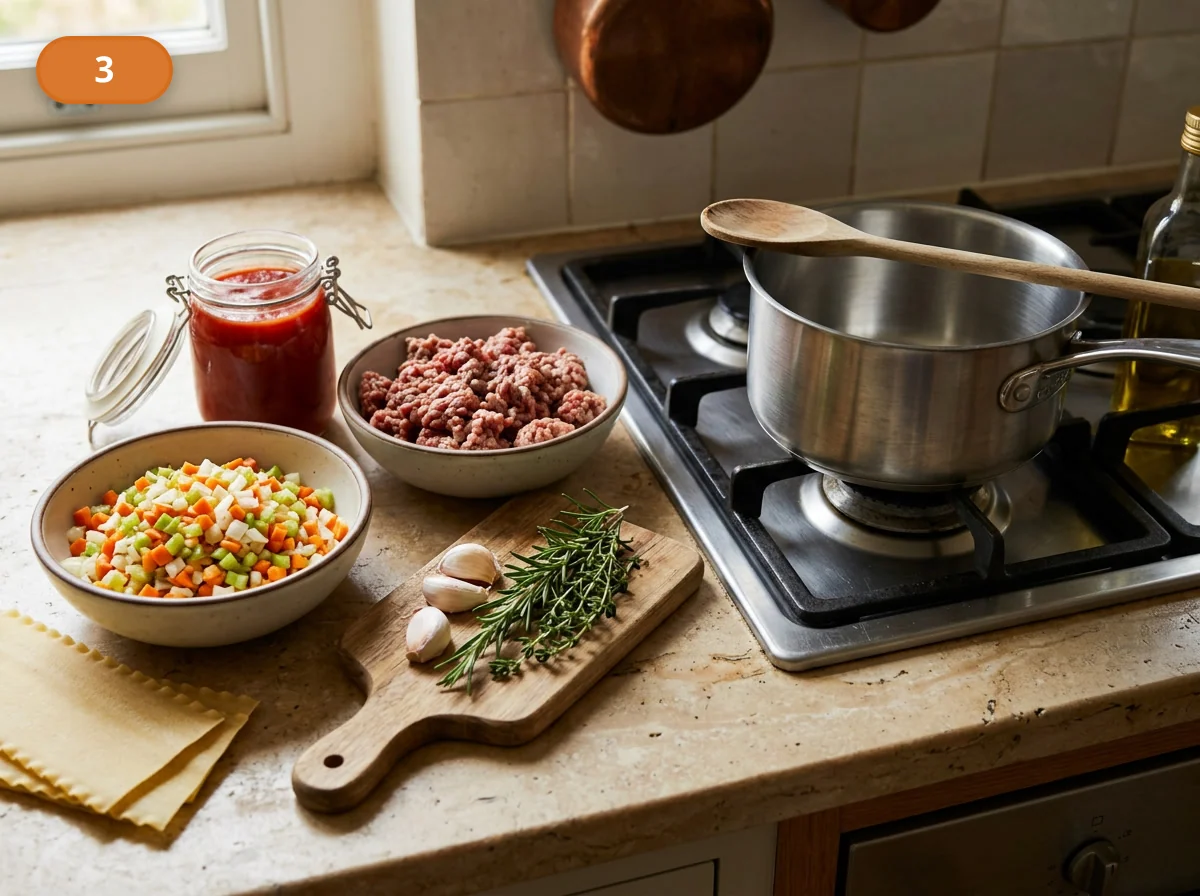 Лазанья болоньезе: фото процесса приготовления — подготовьте фарш и остальные компоненты рядом с плитой, чтобы после прогрева soffritto сразу перейти к мясной части без паузы