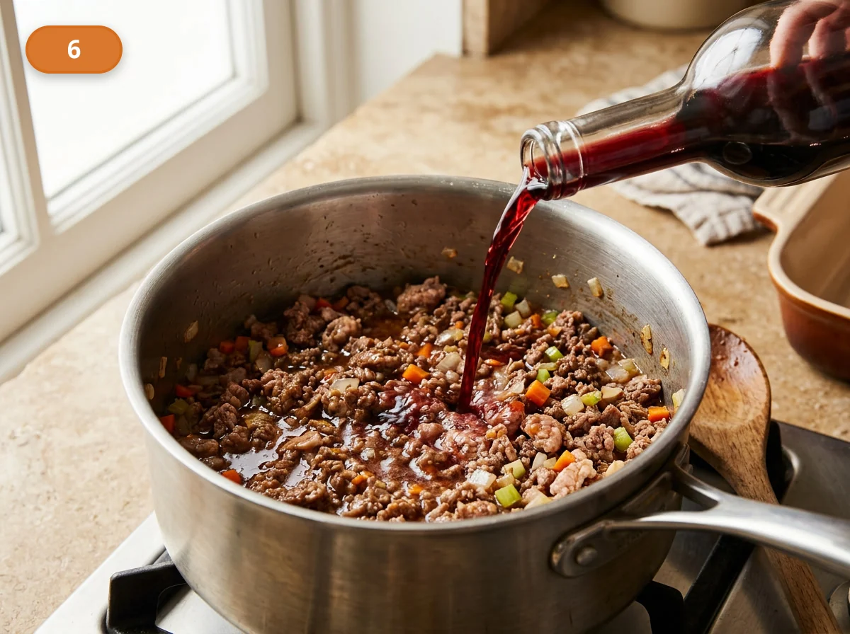 Лазанья болоньезе: фото процесса приготовления — влейте красное вино, дайте ему почти полностью выпариться, затем добавьте пассату и немного бульона для старта долгого тушения