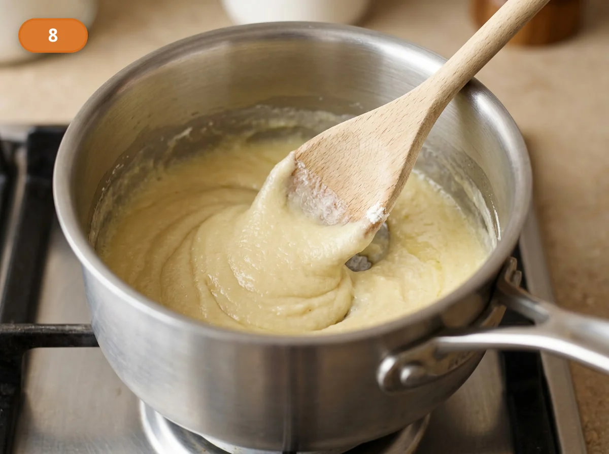 Лазанья болоньезе: фото процесса приготовления — в отдельном сотейнике растопите масло, вмешайте муку и прогрейте светлый roux, не давая ему темнеть