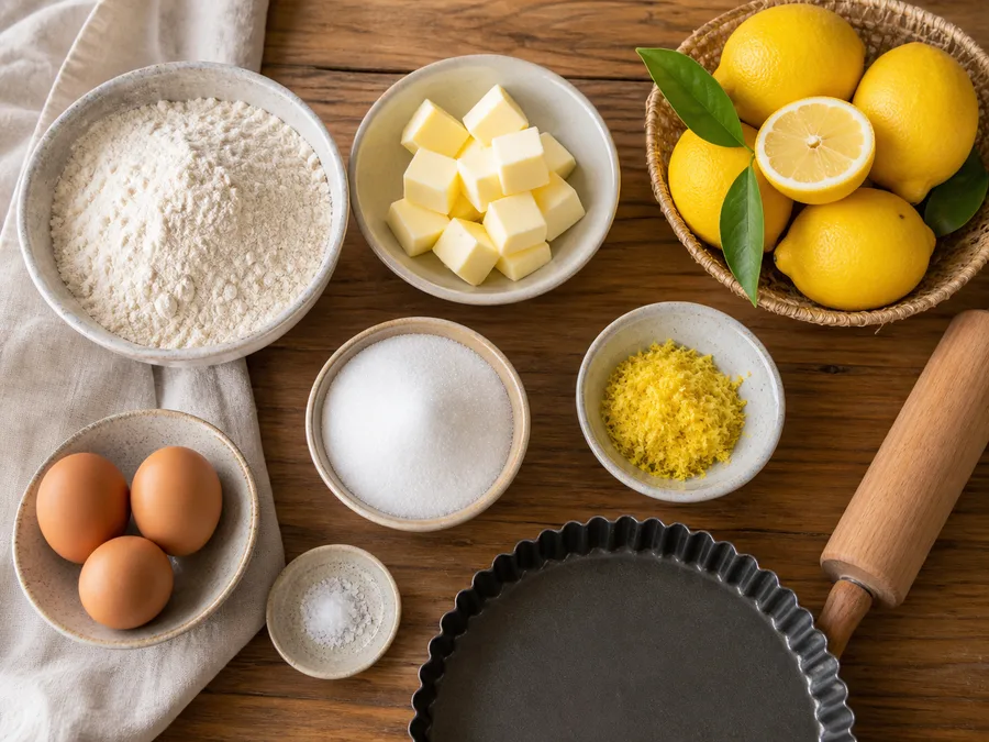 Лимонная кростата | Фото подпункта 1 | Viva Cucina Лимонная кростата: фото процесса приготовления — разложите Мука, Сливочное масло, Сахар, Яйца, соль, масло, специи и нужную посуду так, чтобы всё было под рукой до начала готовки