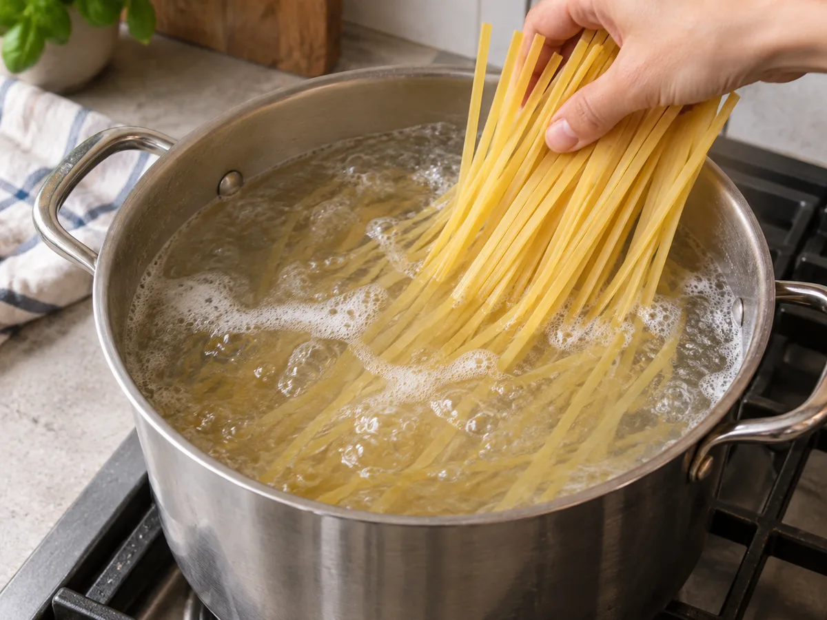 Лингвини с говядиной и сливочно-грибным соусом | Фото подпункта 10 | Viva Cucina Лингвини с говядиной и сливочно-грибным соусом: фото процесса приготовления — сварите лингвини в подсоленной воде до al dente