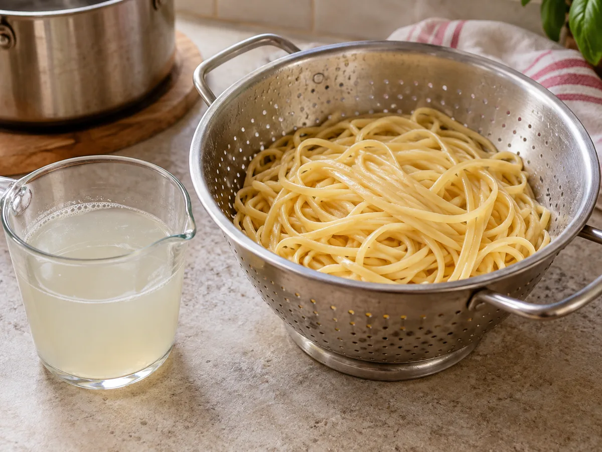 Лингвини с говядиной и сливочно-грибным соусом | Фото подпункта 11 | Viva Cucina Лингвини с говядиной и сливочно-грибным соусом: фото процесса приготовления — сохраните чашку воды и откиньте пасту