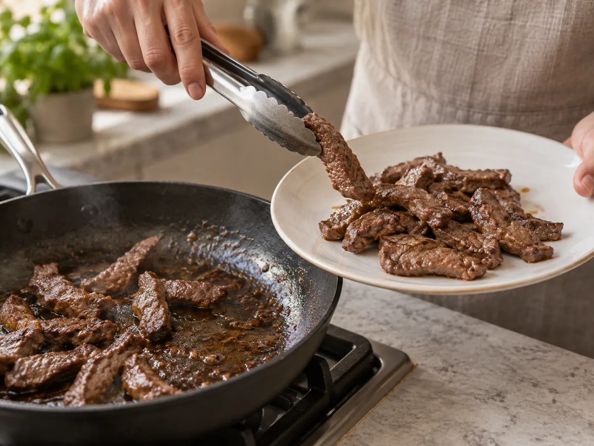 Лингвини с говядиной и сливочно-грибным соусом | Фото подпункта 6 | Viva Cucina Лингвини с говядиной и сливочно-грибным соусом: фото процесса приготовления — переложите готовое мясо на чистую тарелку