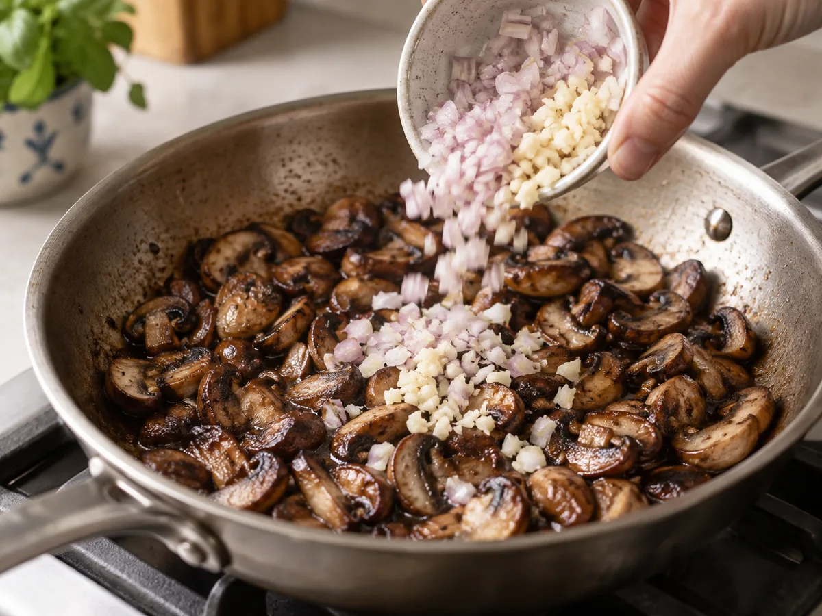Лингвини с говядиной и сливочно-грибным соусом | Фото подпункта 8 | Viva Cucina Лингвини с говядиной и сливочно-грибным соусом: фото процесса приготовления — добавьте шалот и чеснок, готовьте до аромата