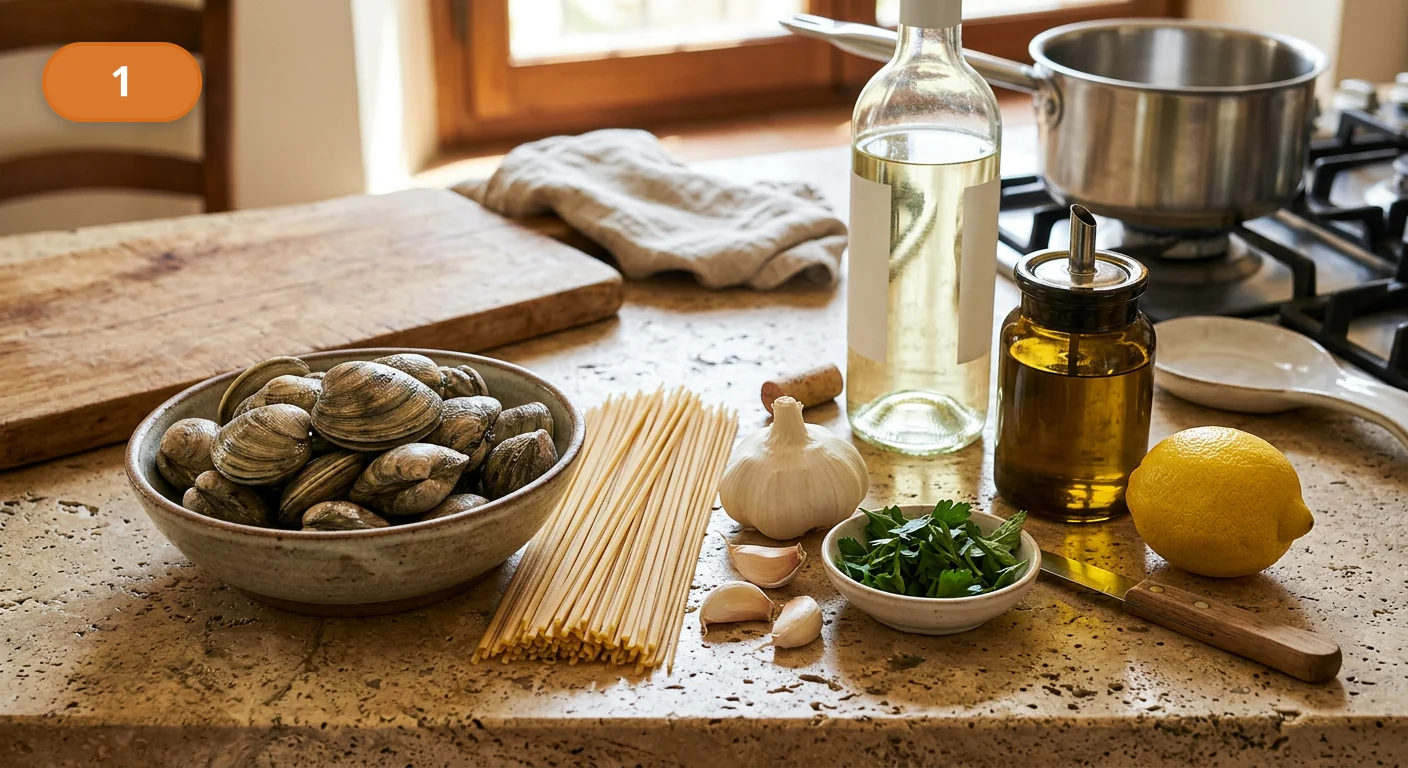 Лингвини с моллюсками | Фото подпункта 1 | Viva Cucina Лингвини с моллюсками: фото процесса приготовления — разложите лингвини, вонголе, чеснок, белое вино, петрушку, масло и лимон