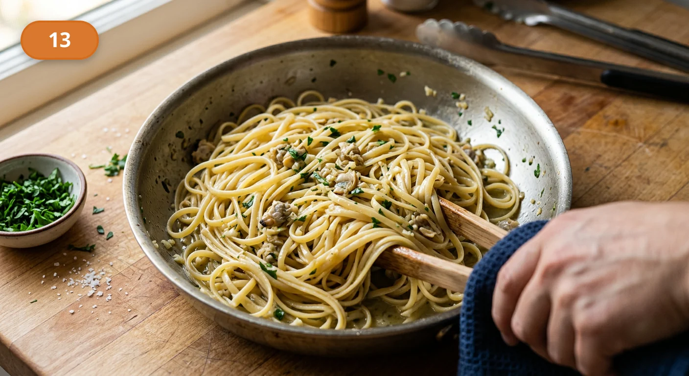 Лингвини с моллюсками | Фото подпункта 13 | Viva Cucina Лингвини с моллюсками: фото процесса приготовления — перемешайте лингвини с соком моллюсков и водой от пасты до лёгкой эмульсии