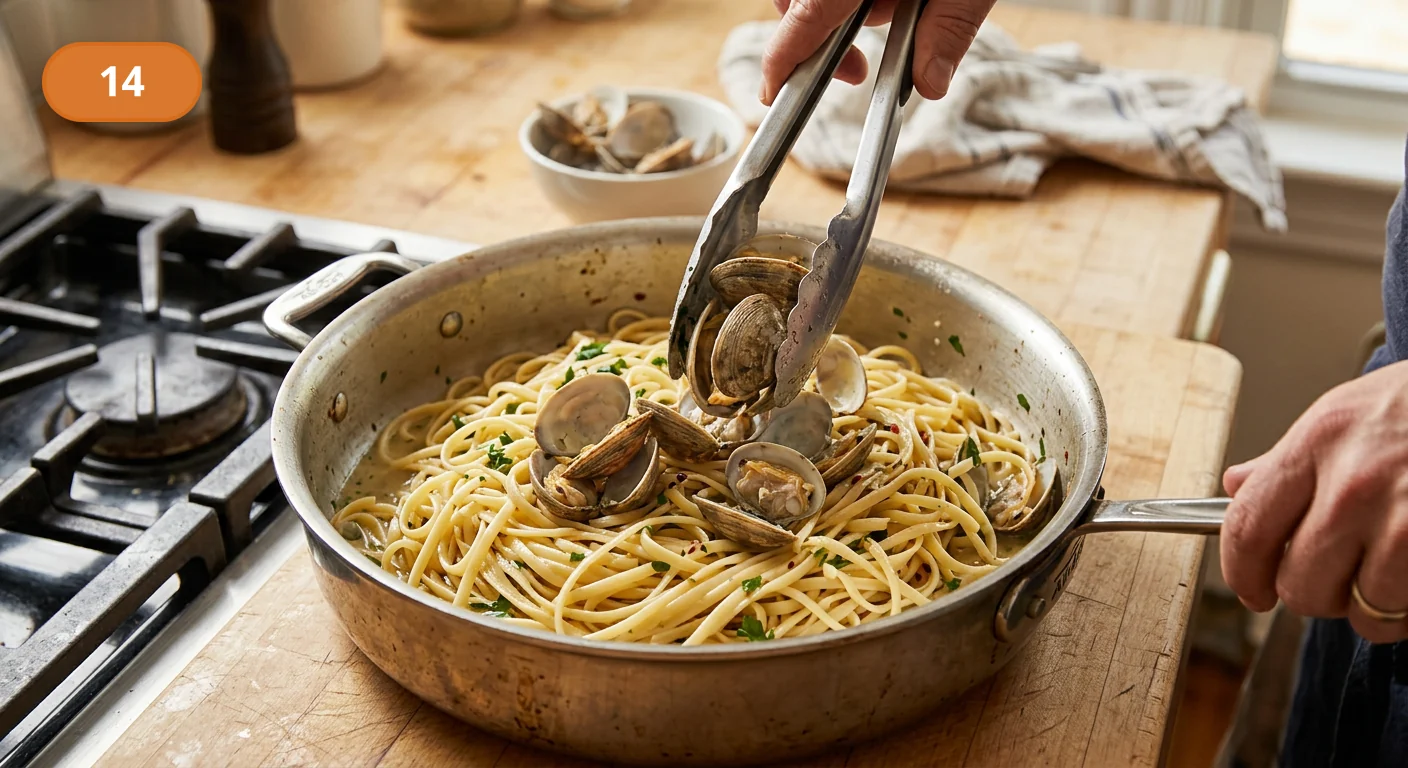 Лингвини с моллюсками | Фото подпункта 14 | Viva Cucina Лингвини с моллюсками: фото процесса приготовления — верните моллюски в сковороду и быстро прогрейте вместе с пастой