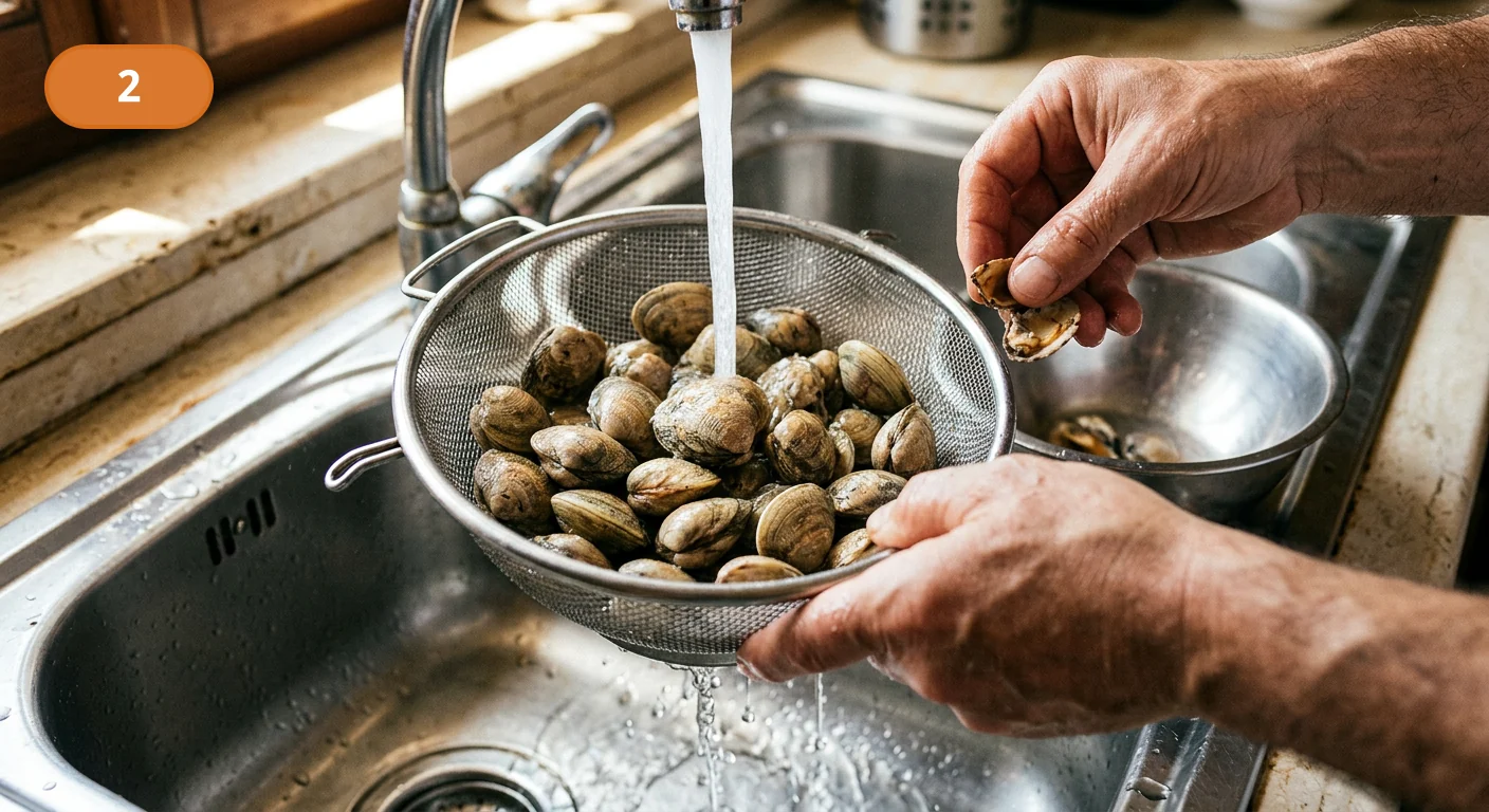 Лингвини с моллюсками | Фото подпункта 2 | Viva Cucina Лингвини с моллюсками: фото процесса приготовления — промойте моллюски и выбросьте повреждённые или открытые раковины, которые не закрываются при постукивании