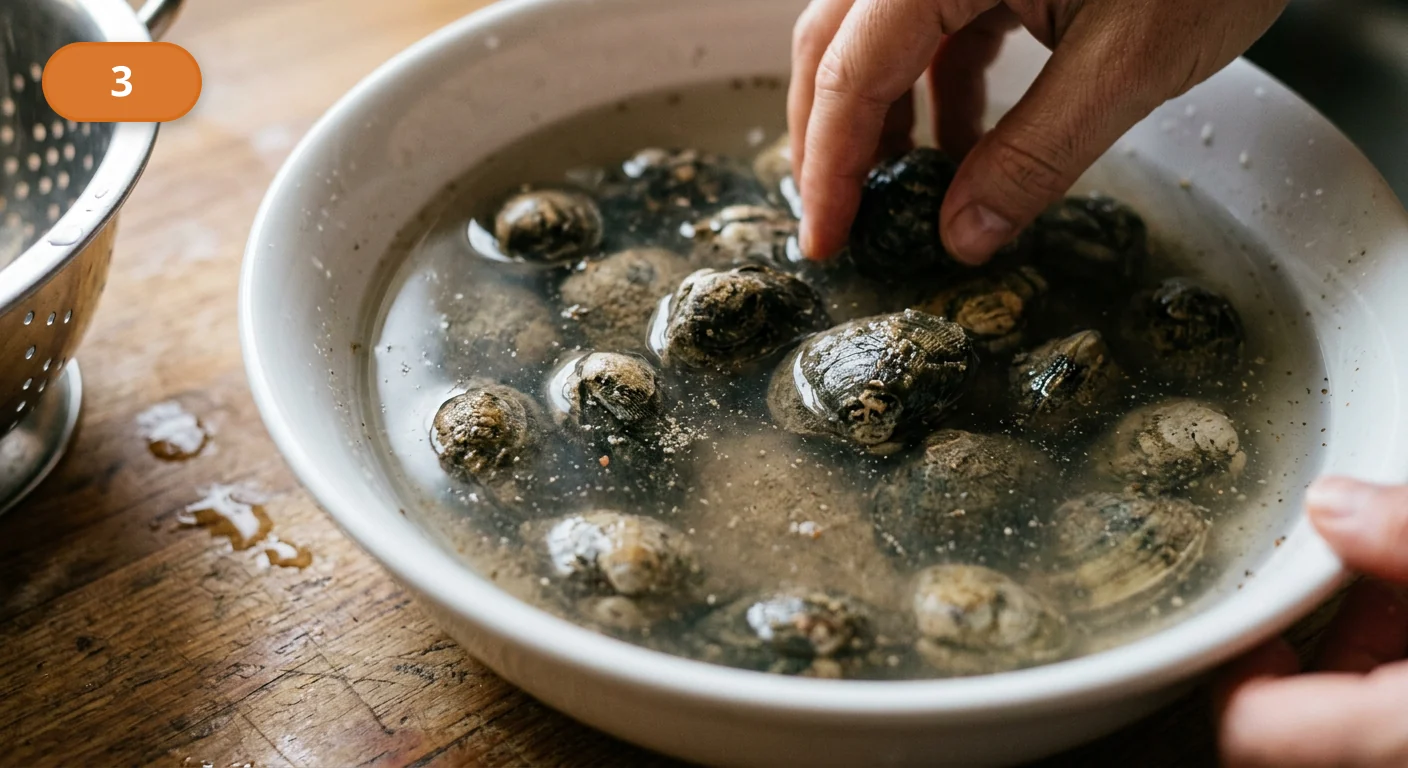 Лингвини с моллюсками | Фото подпункта 3 | Viva Cucina Лингвини с моллюсками: фото процесса приготовления — замочите моллюски в холодной солёной воде, затем снова промойте от песка