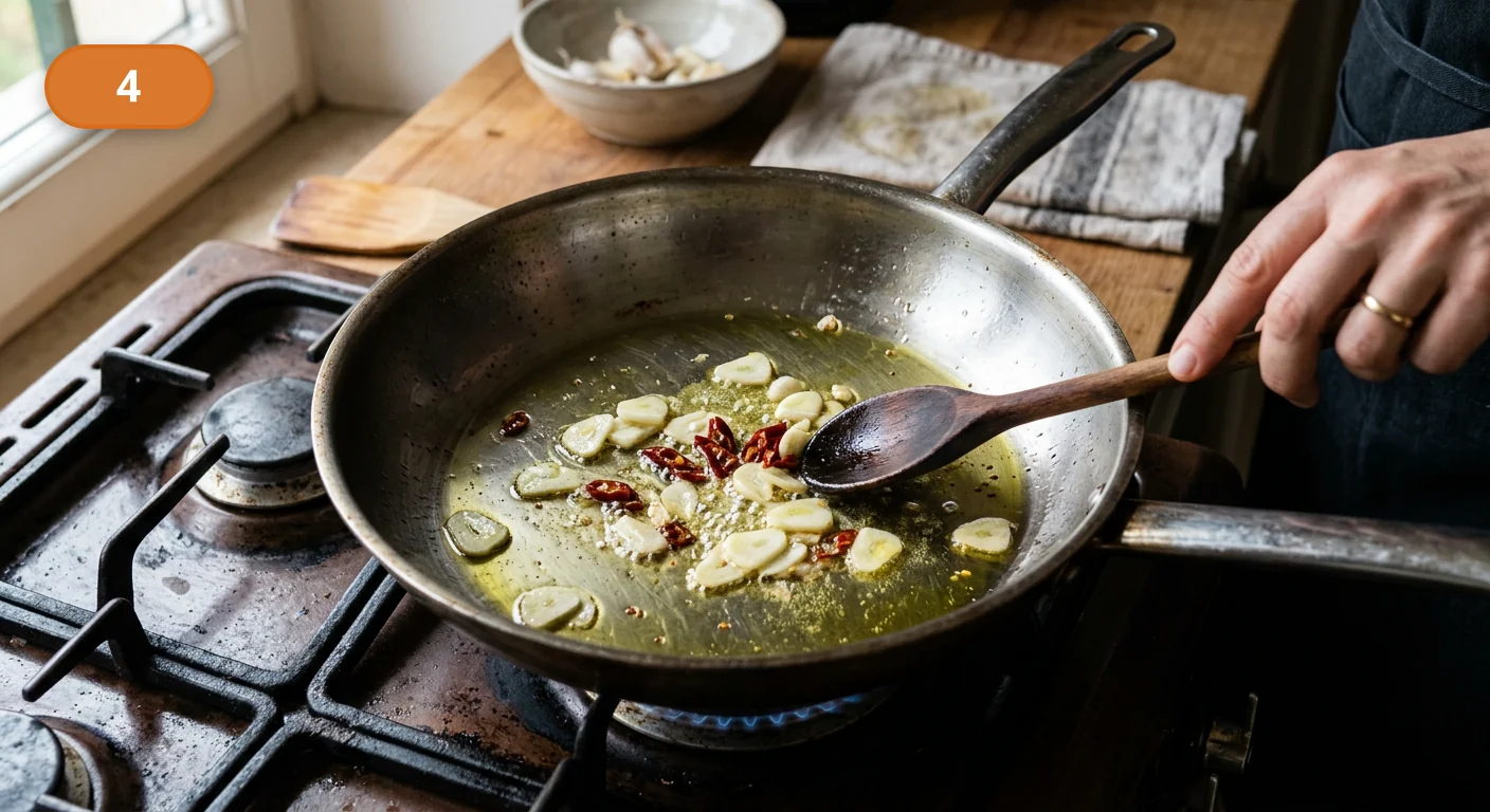 Лингвини с моллюсками | Фото подпункта 4 | Viva Cucina Лингвини с моллюсками: фото процесса приготовления — прогрейте чеснок и чили в оливковом масле на широкой сковороде