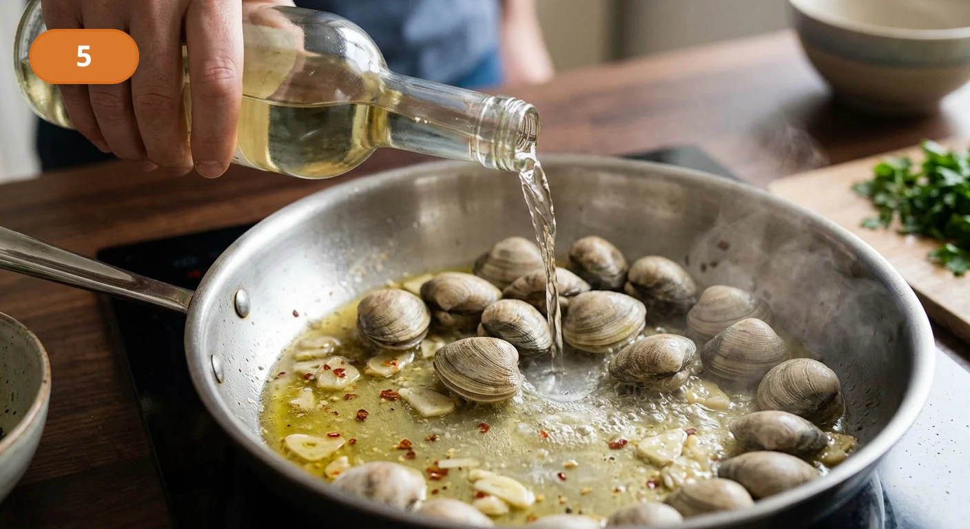 Лингвини с моллюсками | Фото подпункта 5 | Viva Cucina Лингвини с моллюсками: фото процесса приготовления — добавьте моллюски и белое вино