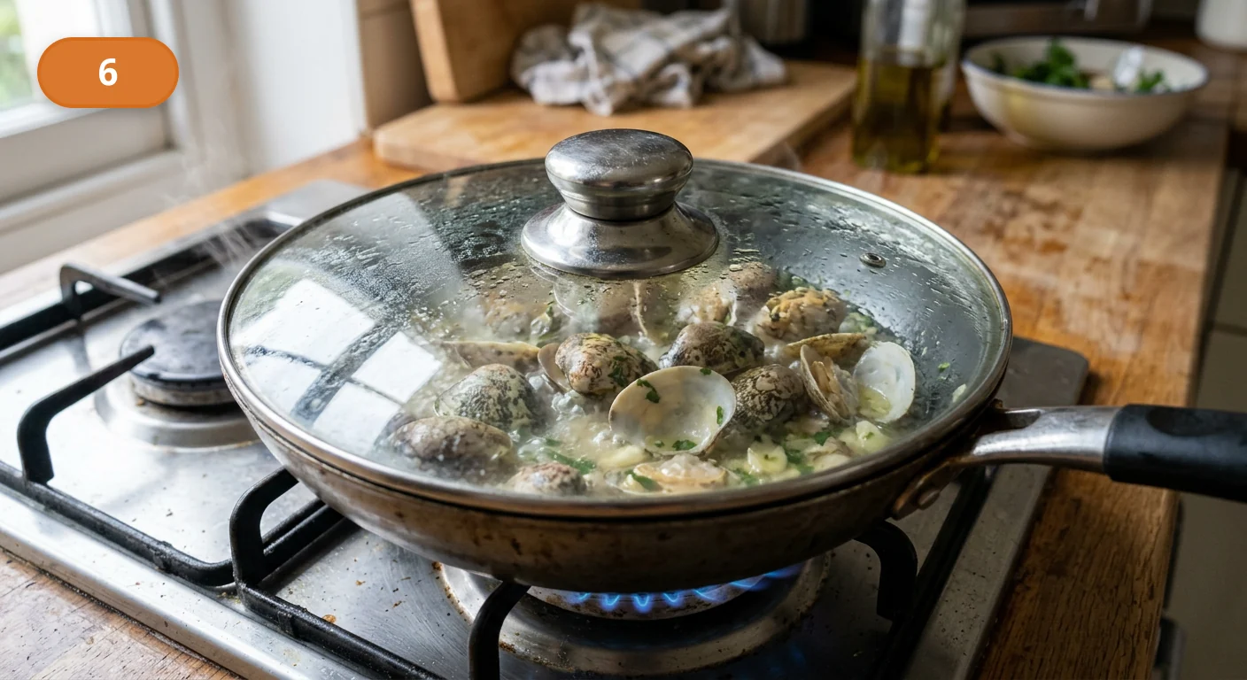 Лингвини с моллюсками | Фото подпункта 6 | Viva Cucina Лингвини с моллюсками: фото процесса приготовления — накройте крышкой и готовьте, пока раковины не раскроются