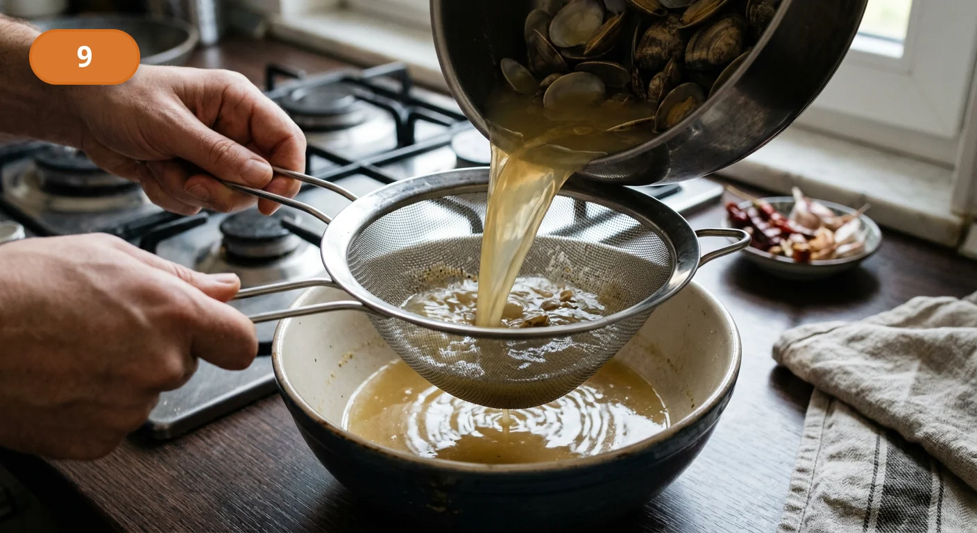 Лингвини с моллюсками | Фото подпункта 9 | Viva Cucina Лингвини с моллюсками: фото процесса приготовления — процедите сок из сковороды через мелкое сито