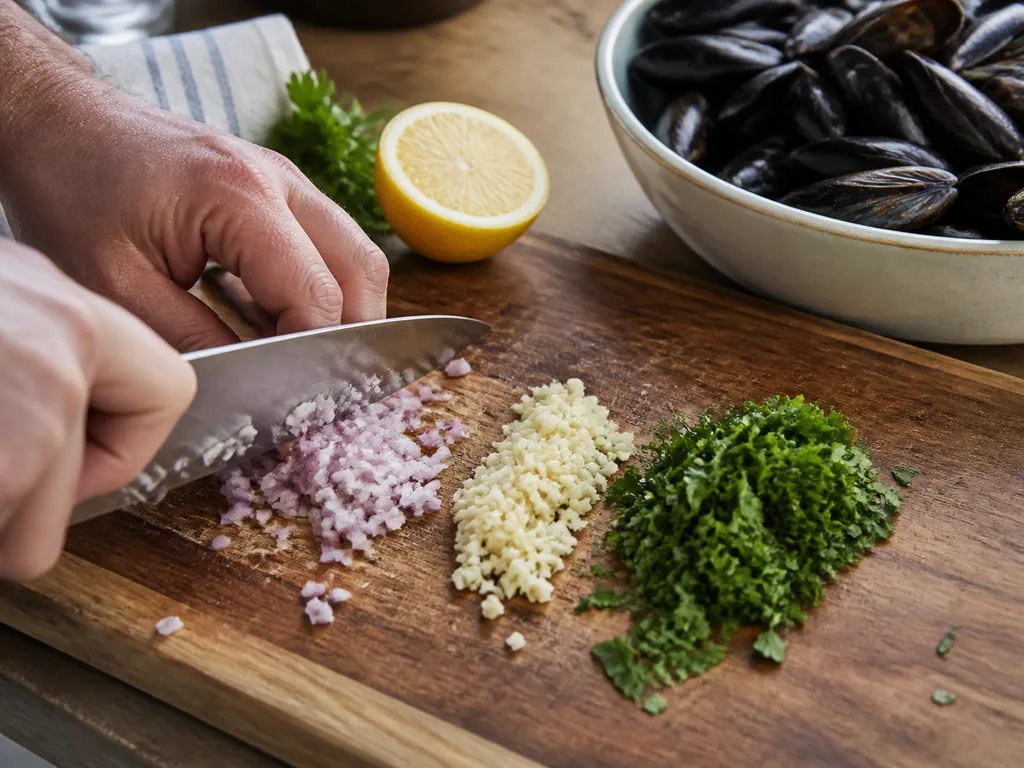 Мидии в белом соусе | Фото подпункта 4 | Viva Cucina Мидии в белом соусе: фото процесса приготовления — начните этап "быстро обжарить" с умеренного нагрева и аккуратной подготовки основы