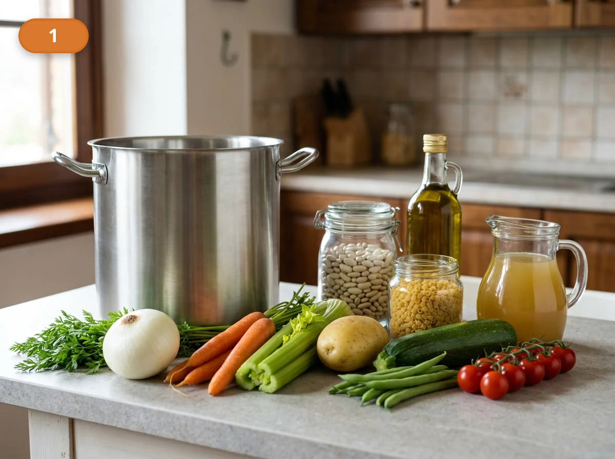 Минестроне: фото процесса приготовления — разложите рядом основные продукты для минестроне: лук, морковь, сельдерей, картофель, цукини, стручковую фасоль, помидоры, белую фасоль, мелкую пасту и бульон