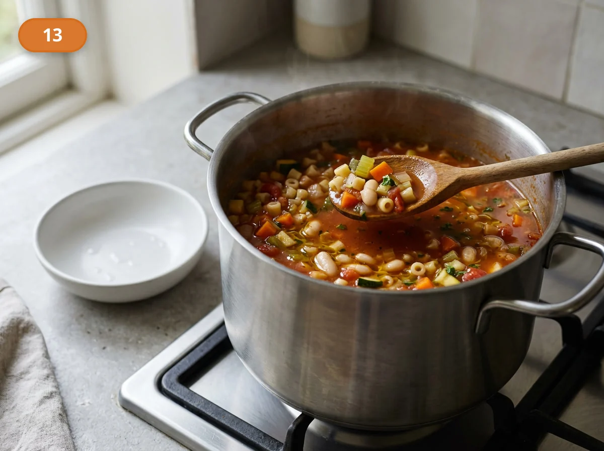 Минестроне: фото процесса приготовления — удалите чеснок и попробуйте суп на соль и перец, проверяя не только вкус, но и густоту бульона