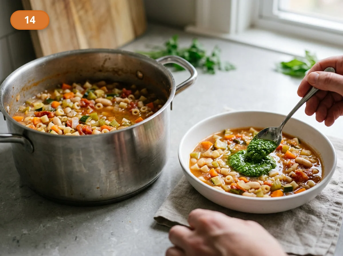 Минестроне: фото процесса приготовления — разлейте минестроне по белым тарелкам или мискам и добавьте сверху ложку песто уже без кипения