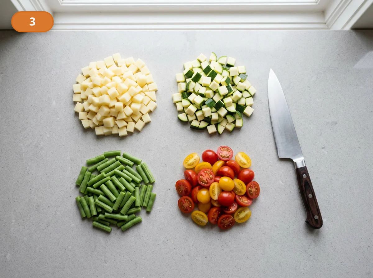 Минестроне: фото процесса приготовления — нарежьте картофель и цукини кубиками, стручковую фасоль короткими кусочками, а помидоры пополам, сохраняя все овощи аккуратными и читаемыми
