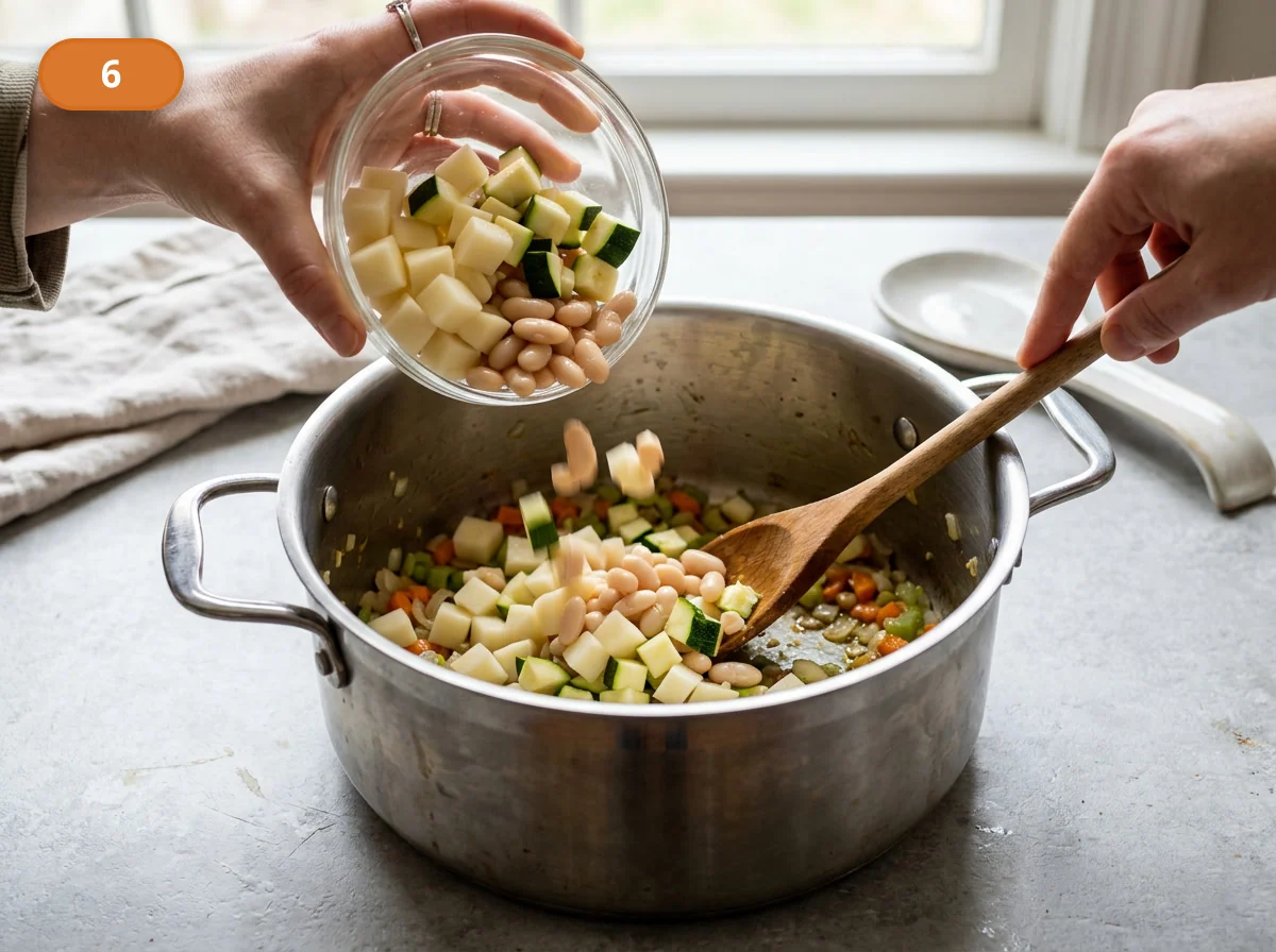 Минестроне: фото процесса приготовления — всыпьте картофель, цукини и белую фасоль, затем несколько раз перемешайте всё в масляной овощной базе