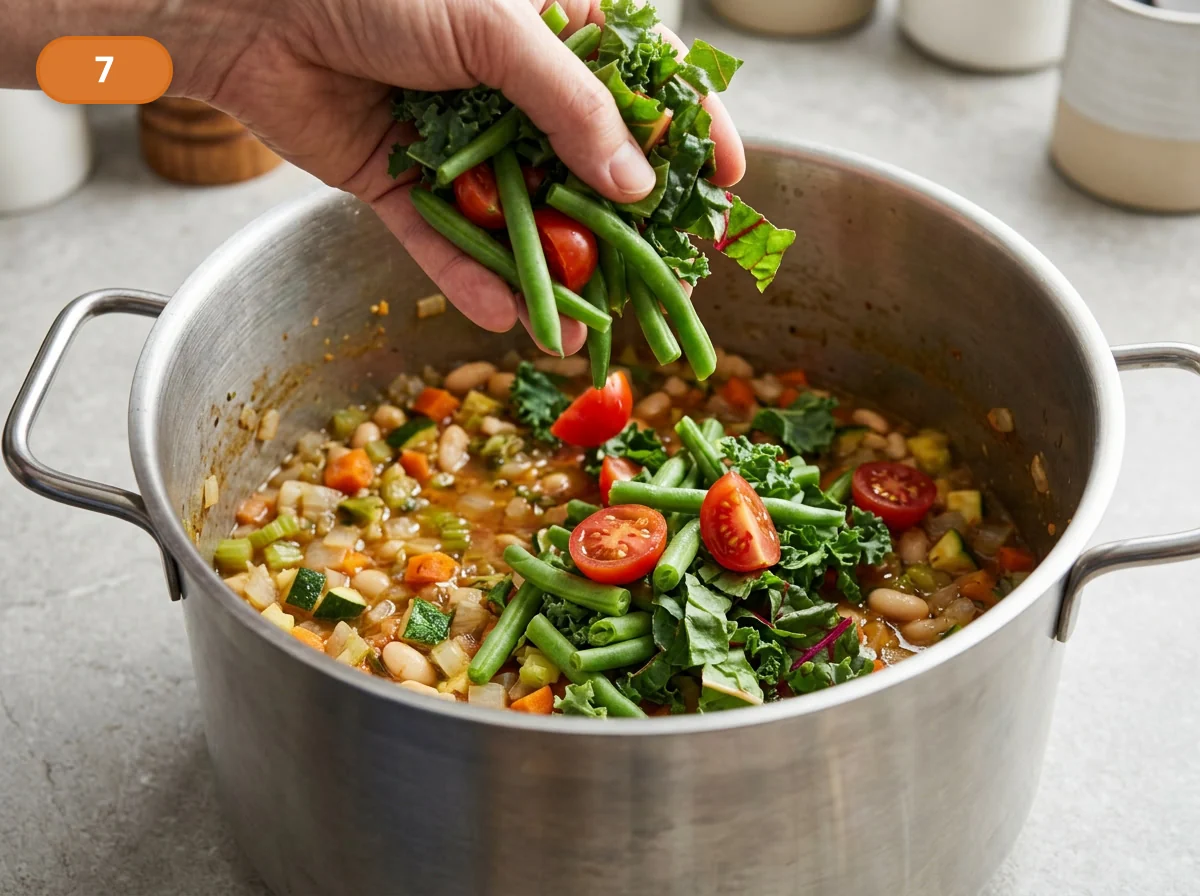Минестроне: фото процесса приготовления — добавьте в кастрюлю стручковую фасоль, помидоры и листовую зелень, распределяя их по поверхности суповой основы