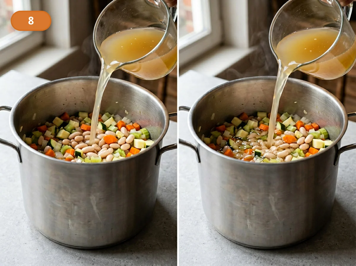 Минестроне: фото процесса приготовления — влейте горячий овощной бульон так, чтобы он хорошо покрывал овощи, но не превращал суп в водянистый отвар