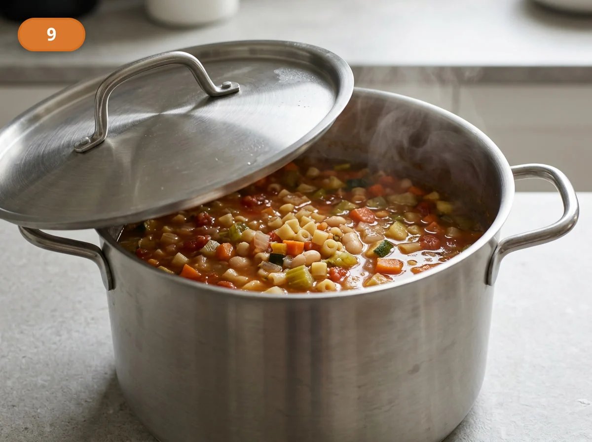 Минестроне: фото процесса приготовления — накройте кастрюлю крышкой и варите минестроне на тихом огне, пока овощи не станут мягкими, но ещё будут держать форму