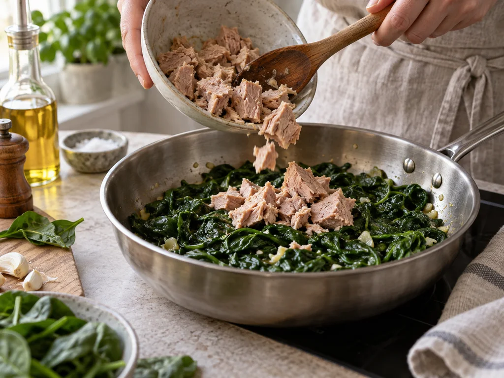 Орзо с шпинатом и соусом из тунца и каперсов | Фото подпункта 10 | Viva Cucina Орзо с шпинатом и соусом из тунца и каперсов: фото процесса приготовления — добавьте к шпинату крупные кусочки тунца