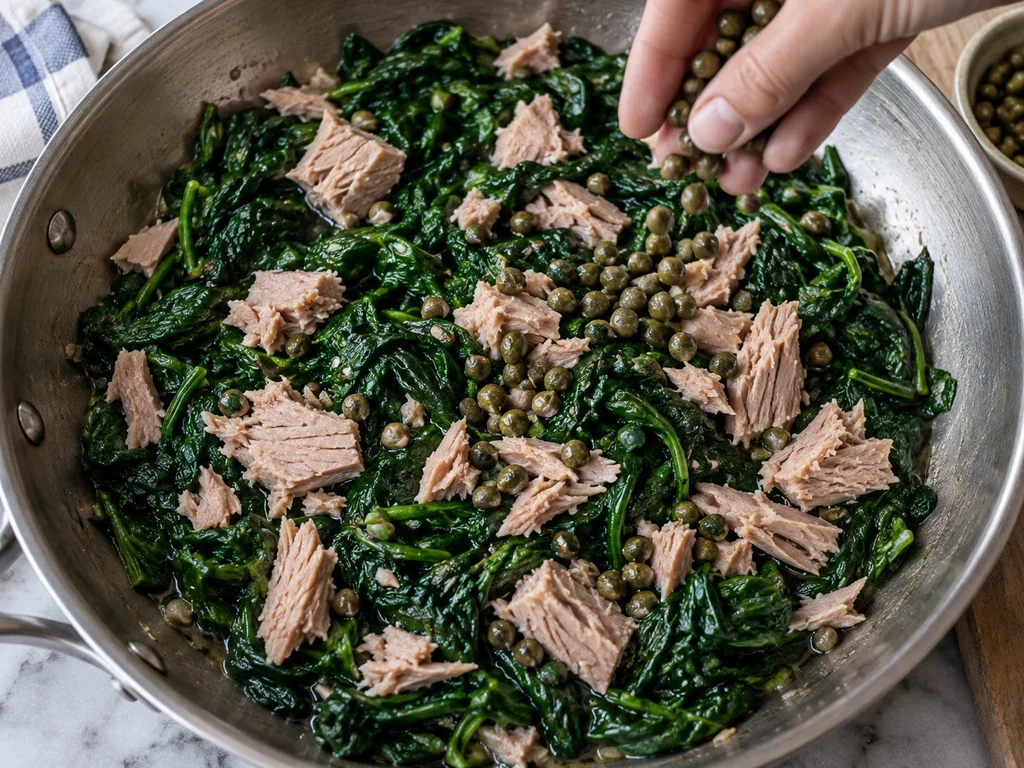 Орзо с шпинатом и соусом из тунца и каперсов | Фото подпункта 11 | Viva Cucina Орзо с шпинатом и соусом из тунца и каперсов: фото процесса приготовления — всыпьте промытые каперсы и осторожно перемешайте