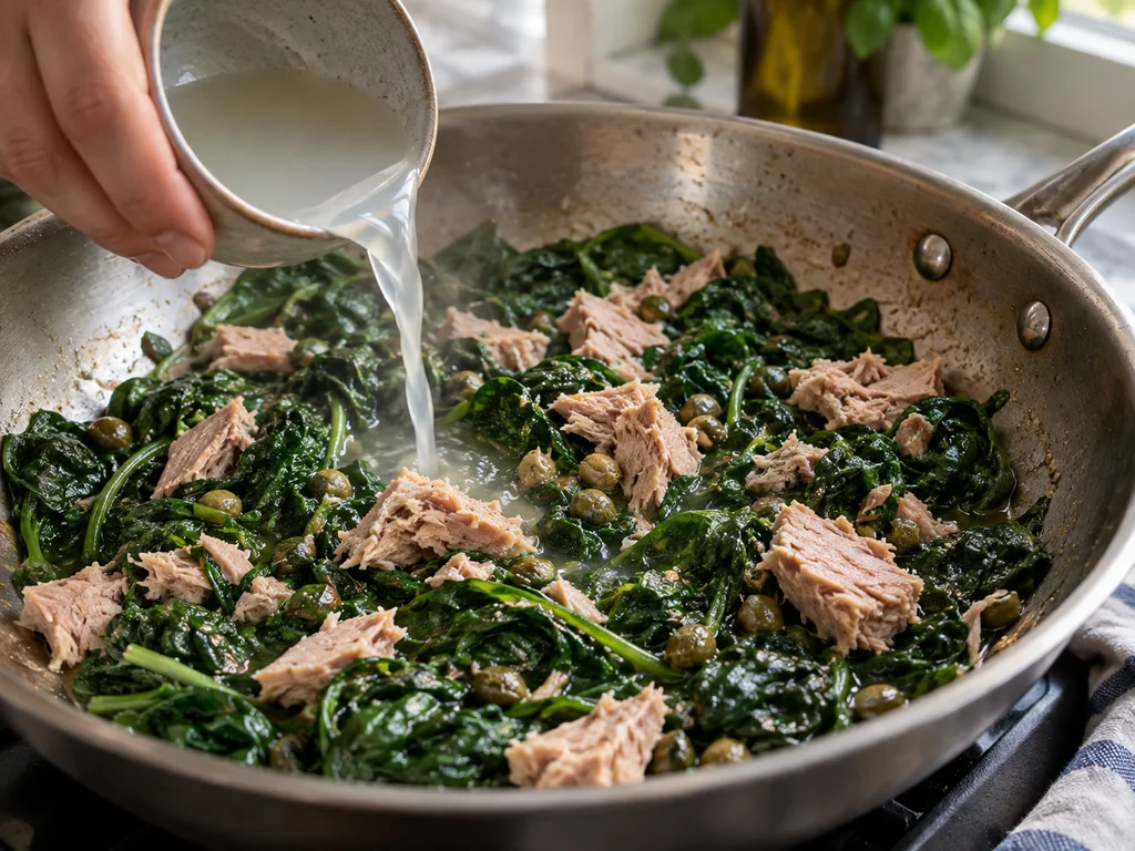Орзо с шпинатом и соусом из тунца и каперсов | Фото подпункта 12 | Viva Cucina Орзо с шпинатом и соусом из тунца и каперсов: фото процесса приготовления — влейте несколько ложек воды от пасты и прогрейте около минуты
