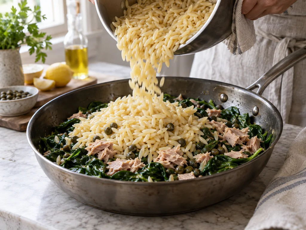 Орзо с шпинатом и соусом из тунца и каперсов | Фото подпункта 13 | Viva Cucina Орзо с шпинатом и соусом из тунца и каперсов: фото процесса приготовления — переложите отваренный орзо в сковороду со шпинатом и тунцом
