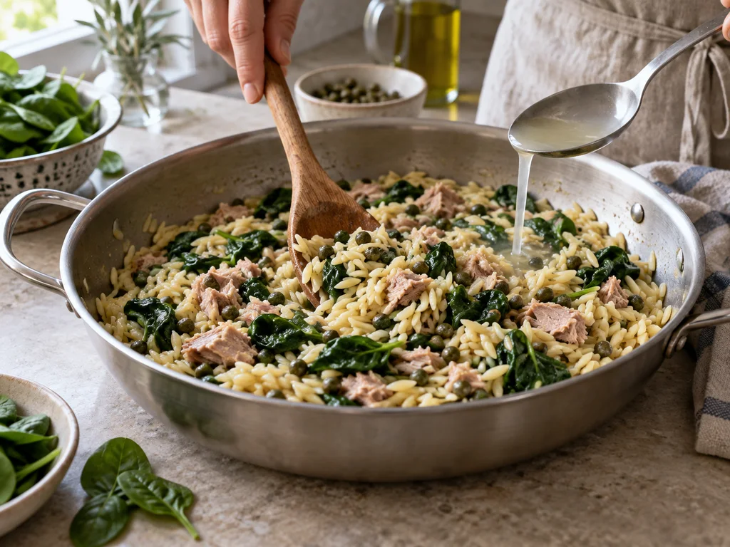 Орзо с шпинатом и соусом из тунца и каперсов | Фото подпункта 14 | Viva Cucina Орзо с шпинатом и соусом из тунца и каперсов: фото процесса приготовления — аккуратно перемешайте, добавляя воду от варки до сочной текстуры