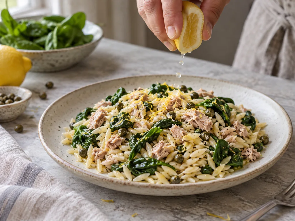 Орзо с шпинатом и соусом из тунца и каперсов | Фото подпункта 15 | Viva Cucina Орзо с шпинатом и соусом из тунца и каперсов: фото процесса приготовления — снимите с огня, добавьте лимонную цедру, немного сока и перец; подавайте сразу
