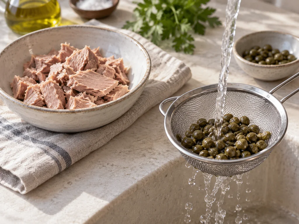 Орзо с шпинатом и соусом из тунца и каперсов | Фото подпункта 3 | Viva Cucina Орзо с шпинатом и соусом из тунца и каперсов: фото процесса приготовления — промойте каперсы от соли, слейте жидкость с тунца и разберите его на крупные кусочки