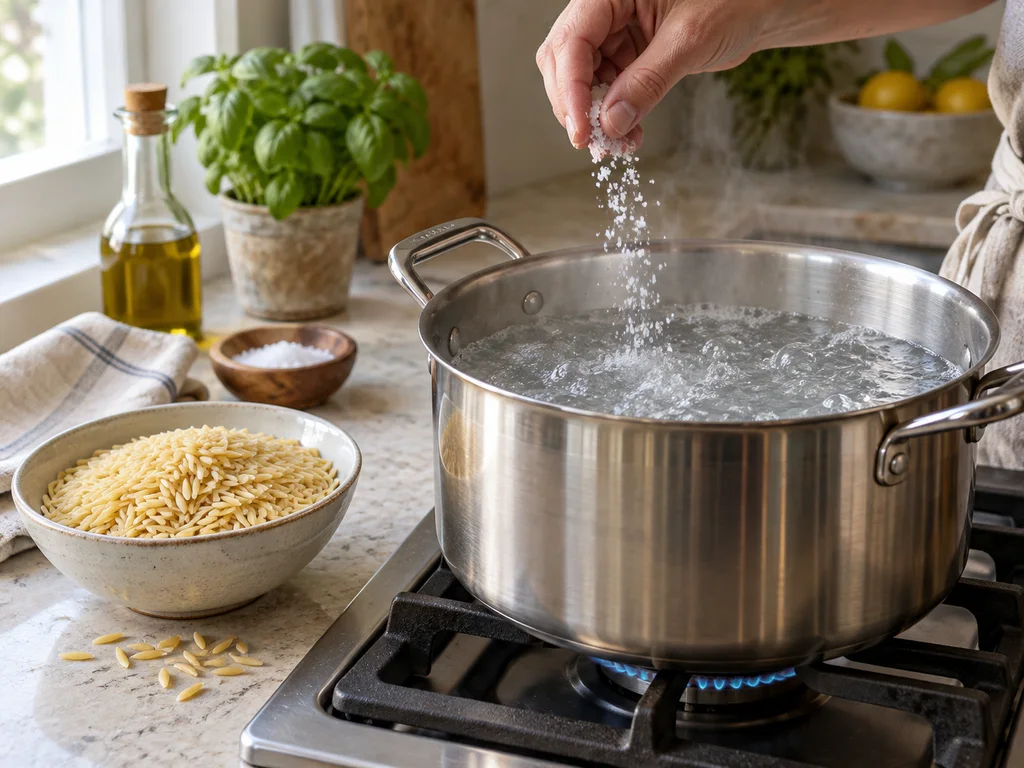 Орзо с шпинатом и соусом из тунца и каперсов | Фото подпункта 4 | Viva Cucina Орзо с шпинатом и соусом из тунца и каперсов: фото процесса приготовления — вскипятите большую кастрюлю воды и умеренно посолите её