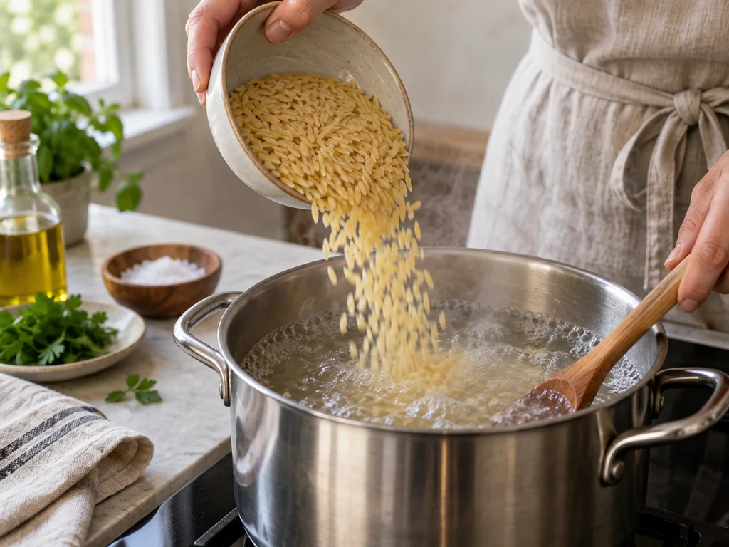 Орзо с шпинатом и соусом из тунца и каперсов | Фото подпункта 5 | Viva Cucina Орзо с шпинатом и соусом из тунца и каперсов: фото процесса приготовления — всыпьте пасту орзо и варите до al dente по времени на упаковке