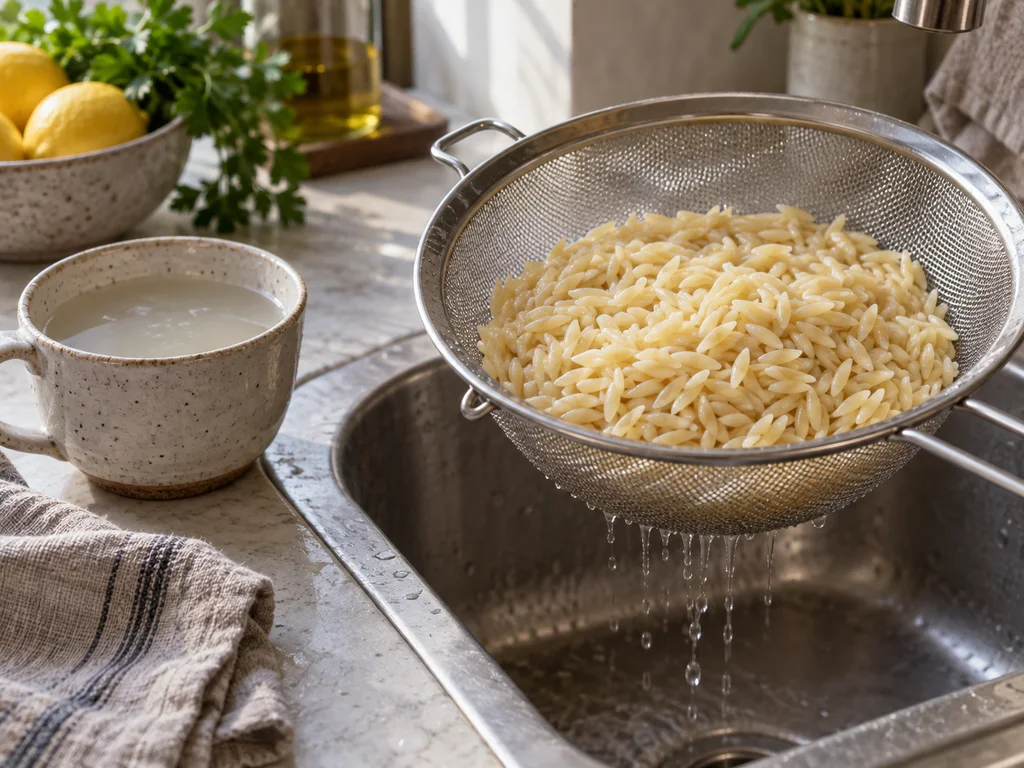 Орзо с шпинатом и соусом из тунца и каперсов | Фото подпункта 6 | Viva Cucina Орзо с шпинатом и соусом из тунца и каперсов: фото процесса приготовления — сохраните чашку воды от варки и откиньте орзо на сито