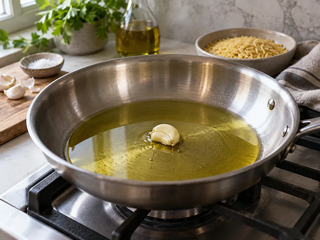 Орзо с шпинатом и соусом из тунца и каперсов | Фото подпункта 7 | Viva Cucina Орзо с шпинатом и соусом из тунца и каперсов: фото процесса приготовления — прогрейте раздавленный зубчик чеснока в оливковом масле на умеренном огне