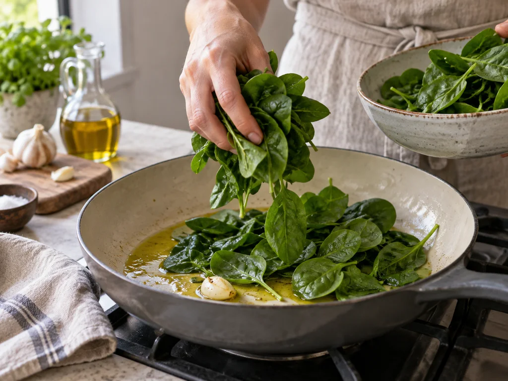 Орзо с шпинатом и соусом из тунца и каперсов | Фото подпункта 8 | Viva Cucina Орзо с шпинатом и соусом из тунца и каперсов: фото процесса приготовления — добавьте сухие листья шпината в широкую сковороду