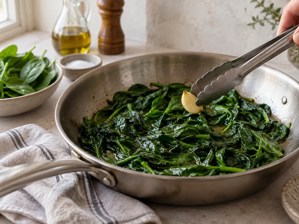 Орзо с шпинатом и соусом из тунца и каперсов | Фото подпункта 9 | Viva Cucina Орзо с шпинатом и соусом из тунца и каперсов: фото процесса приготовления — готовьте 2–3 минуты, пока шпинат осядет, затем удалите чеснок