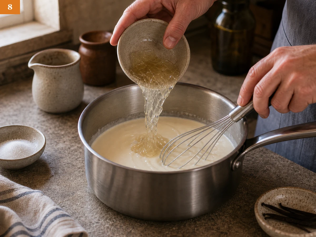 Панна котта | Фото подпункта 8 | Viva Cucina Панна котта: фото процесса приготовления — добавьте набухший желатин и размешайте до полной гладкости без крупинок