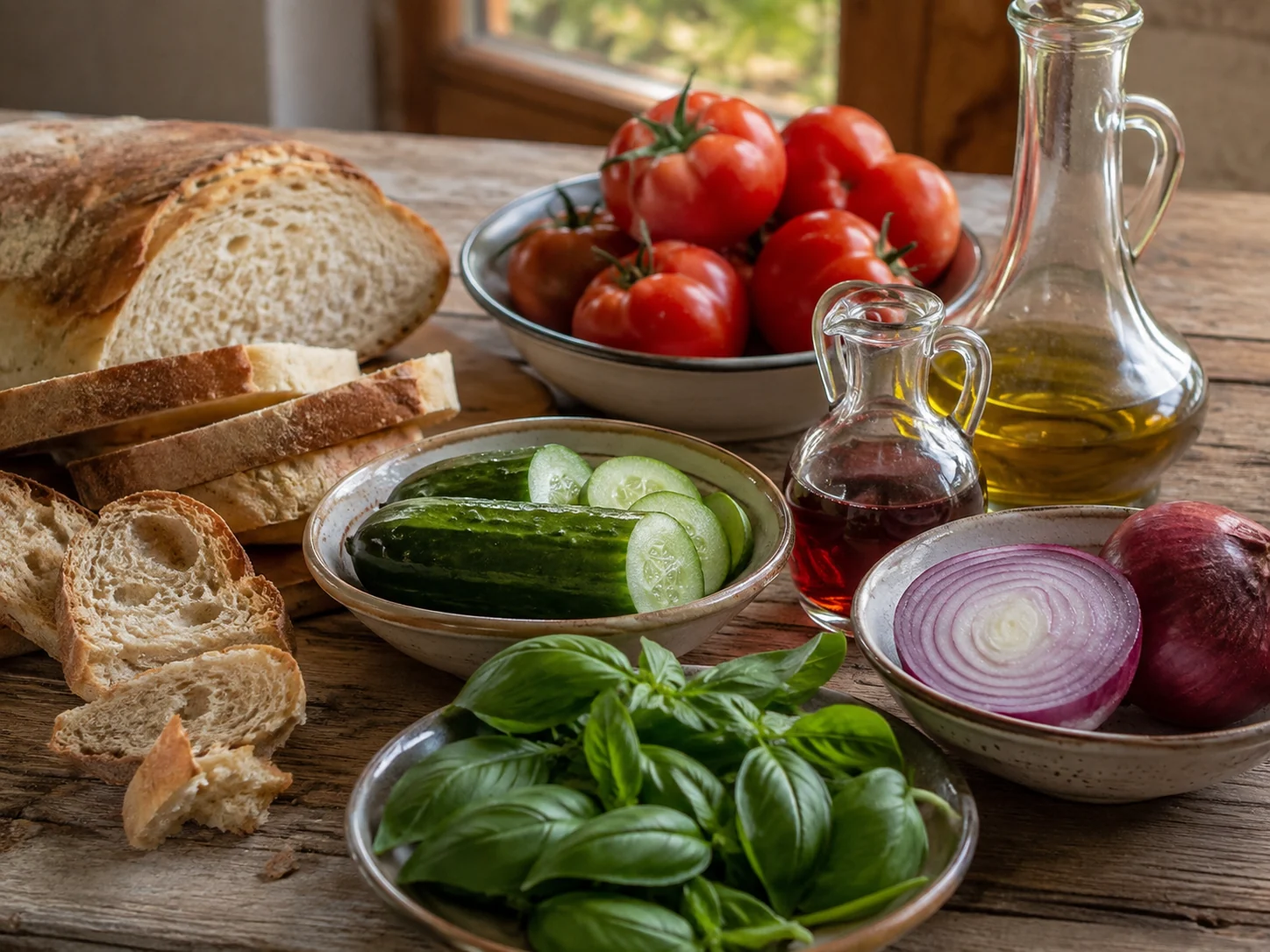 Панцанелла (хлебный салат): фото процесса приготовления — разложите Основной продукт, Оливковое масло extra vergine, Соль и перец, Оливки без косточек, соль, масло, специи и нужную посуду так, чтобы всё было под рукой до начала готовки
